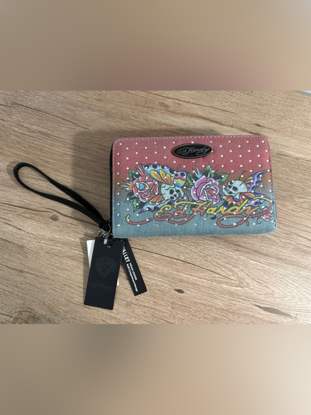 Ed Hardy Colorful Vegan Leather Wallet Tag with Embossed Tiger Logo, NWT